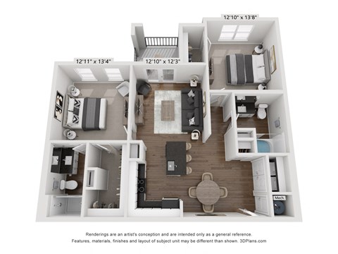 Floor plan for 2 beds, 2 baths, 1114 sqft